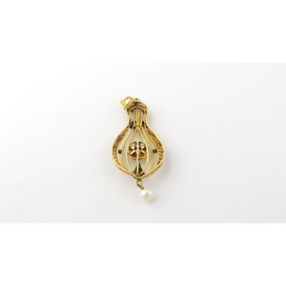 Vintage 14K Yellow Gold Diamond and Pearl Filagree Pendant #143 - Picture 3 of 7